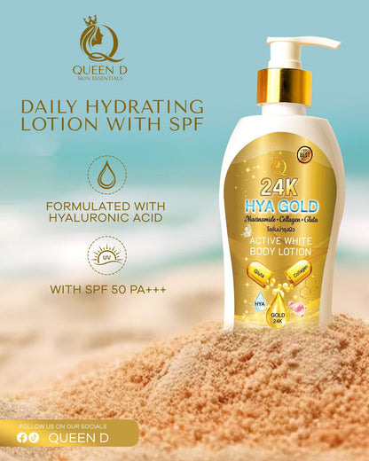 QUEEN D 24K HYA GOLD Active White Body Lotion with SPF 50 PA+++ 300ml | NEW
