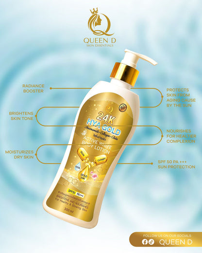 QUEEN D 24K HYA GOLD Active White Body Lotion with SPF 50 PA+++ 300ml | NEW